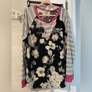 Sew In Love Black and Gray Floral Blouse with Pink Accents